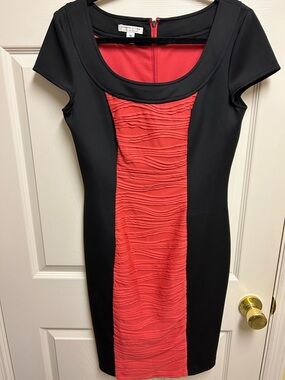 Navy and CoralTextured Panel Sheath Dress